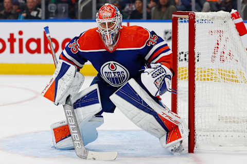 Sep 24, 2023; Edmonton, Alberta, CAN; Edmonton Oilers goaltender Olivier Rodrigue (35) follows the play against the Winnipeg Jets at Rogers Place. Mandatory Credit: Perry Nelson-USA TODAY Sports