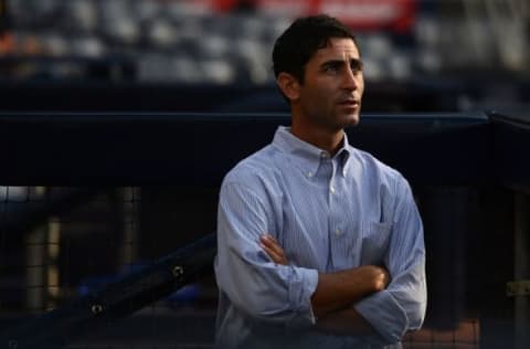 Jun 14, 2016; San Diego, CA, USA; San Diego Padres general manager A.J. Preller looks on prior to the game against the Miami Marlins at Petco Park. Mandatory Credit: Jake Roth-USA TODAY Sports