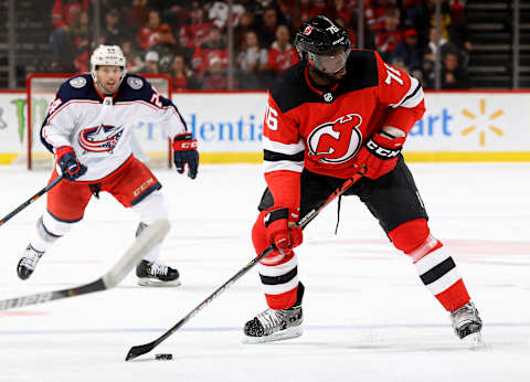 NEWARK, NEW JERSEY – FEBRUARY 16: P.K. Subban #76 of the New Jersey Devils looks to pass in the second period against the Columbus Blue Jackets at Prudential Center on February 16, 2020 in Newark, New Jersey. (Photo by Elsa/Getty Images)