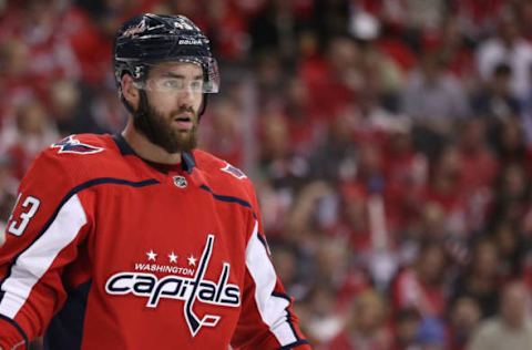 WASHINGTON, DC – APRIL 20: Tom Wilson #43 of the Washington Capitals looks on against the Carolina Hurricanes in the first period in Game Five of the Eastern Conference First Round during the 2019 NHL Stanley Cup Playoffs at Capital One Arena on April 20, 2019 in Washington, DC. (Photo by Patrick Smith/Getty Images)