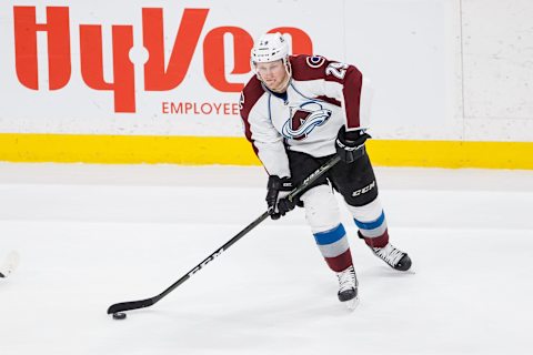 Apr 2, 2017; Saint Paul, MN, USA; Colorado Avalanche forward Nathan MacKinnon (29) passes in the third period against the Minnesota Wild at Xcel Energy Center. The Minnesota Wild beat the Colorado Avalanche 5-2. Mandatory Credit: Brad Rempel-USA TODAY Sports