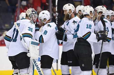 Nov 8, 2016; Washington, DC, USA; San Jose Sharks goalie Martin Jones (31) celebrates with Sharks center Joe Pavelski (8) after their game against the at Verizon Center. The Sharks won 3-0. Mandatory Credit: Geoff Burke-USA TODAY Sports