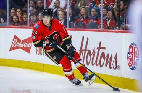 Mar 31, 2017; Calgary, Alberta, CAN; Calgary Flames left wing Micheal Ferland (79) controls the puck against the San Jose Sharks during the first period at Scotiabank Saddledome. Mandatory Credit: Sergei Belski-USA TODAY Sports