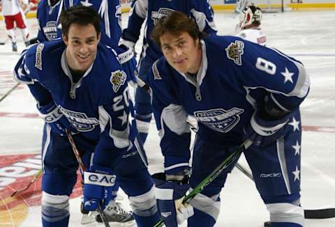 DALLAS – JANUARY 24: Western Conference All-Stars Andy McDonald #20 and Teemu Selanne #8 of the Anaheim Ducks pose together before the 2007 NHL All-Star Game at the American Airlines Center on January 24, 2007, in Dallas, Texas. (Photo by Dave Sandford/Getty Images)