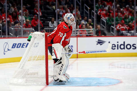 WASHINGTON, DC – OCTOBER 08: Goalie Braden Holtby #70 of the Washington Capitals follows the puck against the Dallas Stars in the third period at Capital One Arena on October 08, 2019 in Washington, DC. (Photo by Rob Carr/Getty Images)