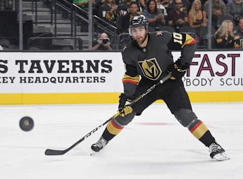 LAS VEGAS, NEVADA – SEPTEMBER 15: Nicolas Roy #10 of the Vegas Golden Knights passes the puck against the Arizona Coyotes in the second period of their preseason game at T-Mobile Arena on September 15, 2019 in Las Vegas, Nevada. The Golden Knights defeated the Coyotes 6-2. (Photo by Ethan Miller/Getty Images)