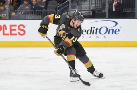 LAS VEGAS, NV – DECEMBER 23: Brendan Leipsic #13 of the Vegas Golden Knights skates with the puck against the Washington Capitals during the game at T-Mobile Arena on December 23, 2017, in Las Vegas, Nevada. (Photo by David Becker/NHLI via Getty Images)