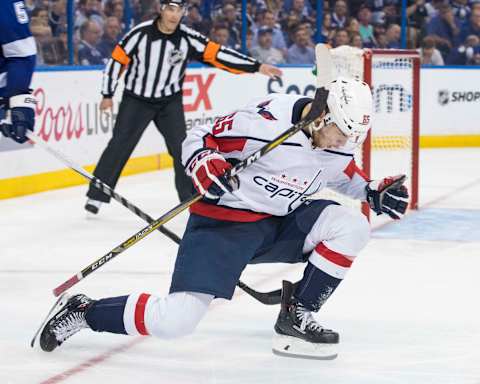 TAMPA, FL – MAY 23: Andre Burakovsky #65 of the Washington Capitals celebrates a goal against the Tampa Bay Lightning during Game Seven of the Eastern Conference Final during the 2018 NHL Stanley Cup Playoffs at Amalie Arena on May 23, 2018 in Tampa, Florida. (Photo by Scott Audette/NHLI via Getty Images)