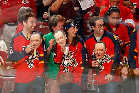 SUNRISE, FL – MARCH 19: Florida Panthers fans watch warm-ups holding Kevin Spacey masks, prior to the start of the game against the Detroit Red Wings at the BB&T Center on March 19, 2016 in Sunrise, Florida. (Photo by Eliot J. Schechter/NHLI via Getty Images)