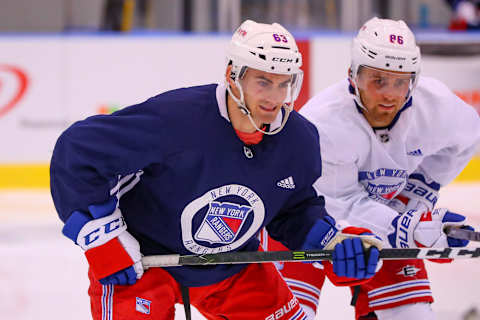 NEW YORK, NY – JUNE 29: New York Rangers Left Wing Drew Melanson (63) skates during New York Rangers Prospect Development Camp on June 29, 2018 at the MSG Training Center in New York, NY. (Photo by Rich Graessle/Icon Sportswire via Getty Images)