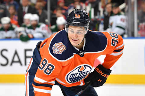 EDMONTON, AB – DECEMBER 7: Jesse Puljujarvi #98 of the Edmonton Oilers lines up for a face off during the game against the Minnesota Wild on December 7, 2018 at Rogers Place in Edmonton, Alberta, Canada. (Photo by Andy Devlin/NHLI via Getty Images)