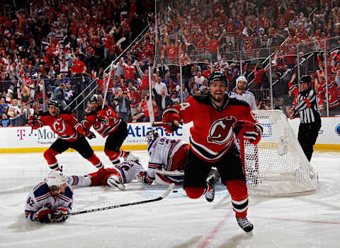 Adam Henrique scoring that goal for the New Jersey Devils in 2012. (Photo by Bruce Bennett/Getty Images)