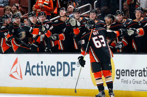 ANAHEIM, CA – DECEMBER 8: Kevin Roy #63 of the Anaheim Ducks celebrates his goal with his teammates in the first period of the game against the Minnesota Wild on December 8, 2017, at Honda Center in Anaheim, California. (Photo by Debora Robinson/NHLI via Getty Images)