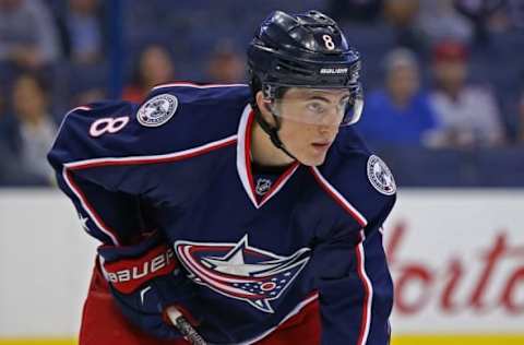 Oct 6, 2016; Columbus, OH, USA; Columbus Blue Jackets defensemen Zach Werenski (8) against the Boston Bruins during a preseason hockey game at Nationwide Arena. The Bruins won 2-1. Mandatory Credit: Aaron Doster-USA TODAY Sports