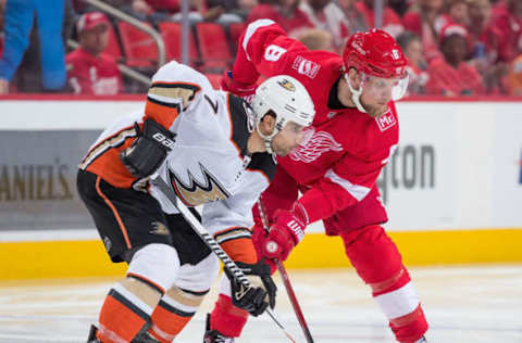 DETROIT, MI – FEBRUARY 13: Justin Abdelkader #8 of the Detroit Red Wings gets set for the face-off next to Andrew Cogliano #7 of the Anaheim Ducks during an NHL game at Little Caesars Arena on February 13, 2018, in Detroit, Michigan. The Wings defeated the Ducks 2-1. (Photo by Dave Reginek/NHLI via Getty Images)