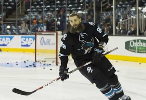 Oct 27, 2016; San Jose, CA, USA; San Jose Sharks defenseman Brent Burns (88) during the skate around before the start of the game against the Columbus Blue Jackets at SAP Center at San Jose. Mandatory Credit: Neville E. Guard-USA TODAY Sports