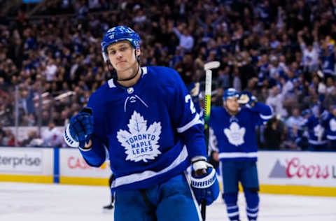 TORONTO, ON – JANUARY 23: Nikita Zaitsev #22 of the Toronto Maple Leafs celebrates after scoring on the Washington Capitals during the second period at the Scotiabank Arena on January 23, 2019 in Toronto, Ontario, Canada. (Photo by Kevin Sousa/NHLI via Getty Images)