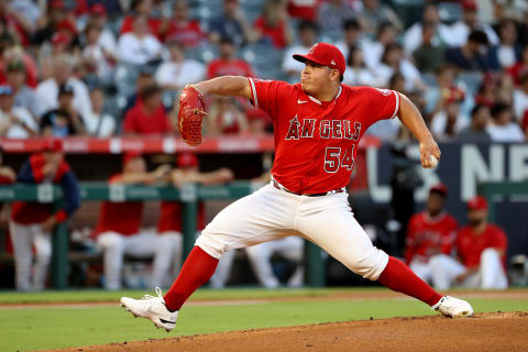 Sep 5, 2022; Anaheim, California, USA; Los Angeles Angels starting pitcher Jose Suarez (54) pitches during the first inning against the Detroit Tigers at Angel Stadium. Mandatory Credit: Kiyoshi Mio-USA TODAY Sports