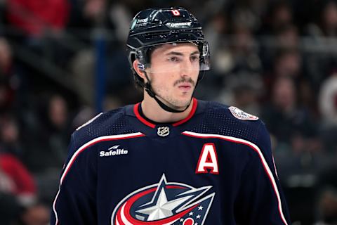 COLUMBUS, OHIO – NOVEMBER 09: Zach Werenski #8 of the Columbus Blue Jackets waits for play to begin during the first period against the Dallas Stars at Nationwide Arena on November 09, 2023 in Columbus, Ohio. (Photo by Jason Mowry/Getty Images)