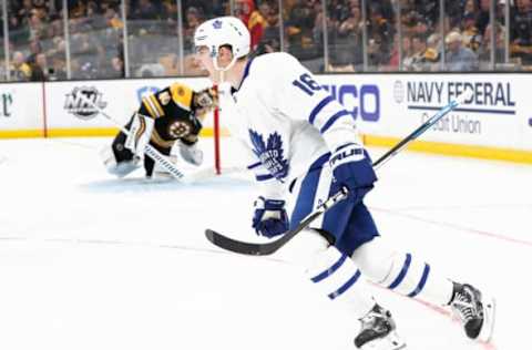 BOSTON, MA - APRIL 11: Toronto Maple Leafs right wing Mitchell Marner (16) reacts to cashing in on his penalty shot during Game 1 of the First Round between the Boston Bruins and the Toronto Maple Leafs on April 11, 2019, at TD Garden in Boston, Massachusetts. (Photo by Fred Kfoury III/Icon Sportswire via Getty Images)