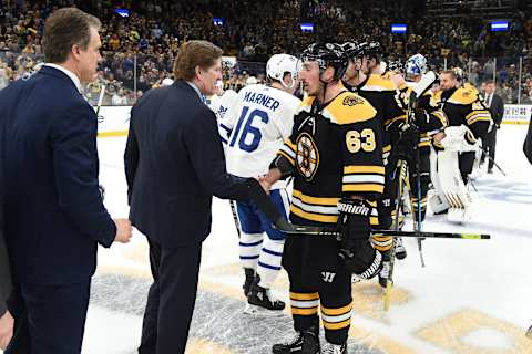 BOSTON, MA – APRIL 23: Brad Marchand #63 of the Boston Bruins shakes hands with Head Coach Mike Babcock of the Toronto Maple Leafs after Game Seven of the Eastern Conference First Round during the 2019 NHL Stanley Cup Playoffs at the TD Garden on April 23, 2019 in Boston, Massachusetts. (Photo by Steve Babineau/NHLI via Getty Images)