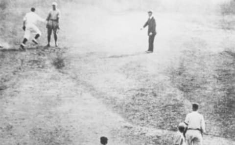 Bill Wambsganss completes his unassisted triple play in the 1920 World Series. (Photo by George Rinhart/Corbis via Getty Images)