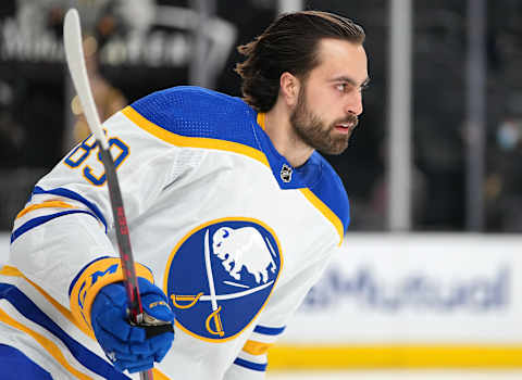 Feb 1, 2022; Las Vegas, Nevada, USA; Buffalo Sabres right wing Alex Tuch (89) warms up before a game against the Vegas Golden Knights at T-Mobile Arena. Mandatory Credit: Stephen R. Sylvanie-USA TODAY Sports