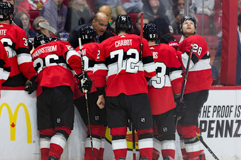 OTTAWA, ON – OCTOBER 14: Ottawa Senators Defenceman Thomas Chabot (72) and teammates crowd around the bench a timeout during third period National Hockey League action between the Minnesota Wild and Ottawa Senators on October 14, 2019, at Canadian Tire Centre in Ottawa, ON, Canada. (Photo by Richard A. Whittaker/Icon Sportswire via Getty Images)