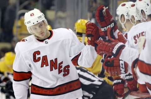 Mar 8, 2020; Pittsburgh, Pennsylvania, USA; Carolina Hurricanes center Morgan Geekie (43) celebrates his second goal of the game inis NHL debut with the Hurricanes bench against the Pittsburgh Penguins during the third period at PPG PAINTS Arena. Carolina won 6-2. Mandatory Credit: Charles LeClaire-USA TODAY Sports