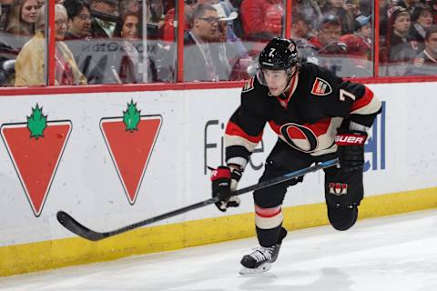 OTTAWA, ON – OCTOBER 30: Kyle Turris #7 of the Ottawa Senators skates against the Chicago Blackhawks during an NHL game at Canadian Tire Centre on October 30, 2014 in Ottawa, Ontario, Canada. (Photo by Jana Chytilova/Freestyle Photography/Getty Images)