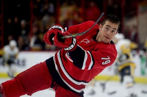 RALEIGH, NC – MARCH 19: Micheal Ferland #79 of the Carolina Hurricanes fires a shot on goal during warmups prior to an NHL game against the Pittsburgh Penguins on March 19, 2019 at PNC Arena in Raleigh, North Carolina. (Photo by Gregg Forwerck/NHLI via Getty Images)