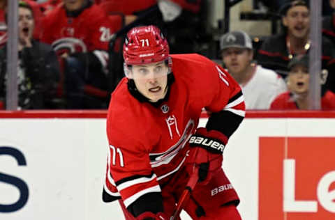 RALEIGH, NORTH CAROLINA – MARCH 22: Jesper Fast #71 of the Carolina Hurricanes skates with the puck against the Tampa Bay Lightning during the third period at PNC Arena on March 22, 2022, in Raleigh, North Carolina. (Photo by Eakin Howard/Getty Images)