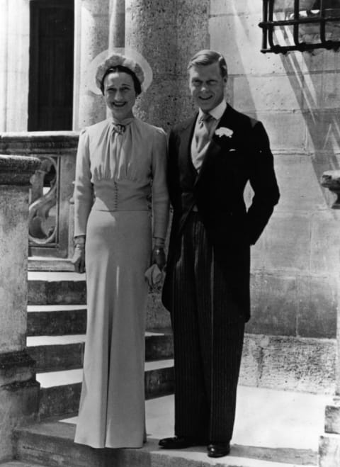 The Duke of Windsor and Mrs Wallis Simpson on their 1937 wedding day at France's Chateau de Conde, Monts.