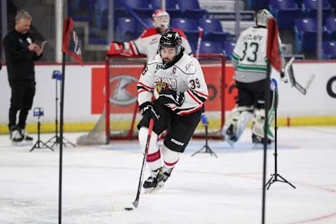 LANGLEY, BRITISH COLUMBIA – JANUARY 24: Forward Colby Barlow #39 of the Owen Sound Attack skates for Team White during the 2023 Kubota CHL Top Prospects Game Practice at the Langley Events Centre on January 24, 2023 in Langley, British Columbia. (Photo by Dennis Pajot/Getty Images)