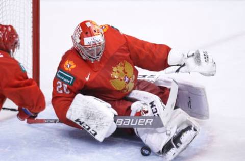 VANCOUVER , BC – JANUARY 4: Goaltender Pyotr Kochetkov #20 of Russia of Russia makes a save against the United States during a semi-final game at the IIHF World Junior Championships at Rogers Arena on January 4, 2019 in Vancouver, British Columbia, Canada. (Photo by Kevin Light/Getty Images)