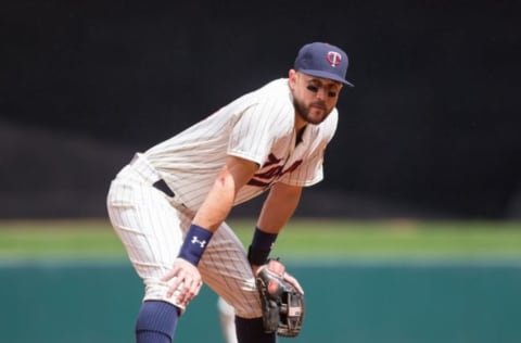 Jun 4, 2016; Minneapolis, MN, USA; Minnesota Twins third baseman Trevor Plouffe (24) in the second inning against the Tampa Bay Rays at Target Field. Mandatory Credit: Brad Rempel-USA TODAY Sports