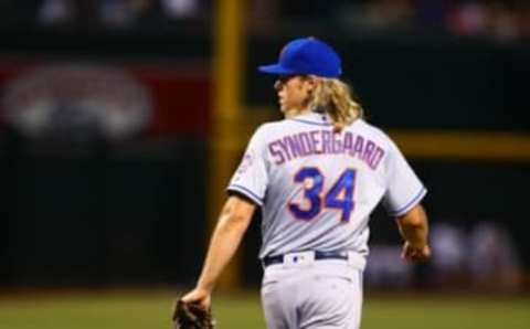 Aug 16, 2016; Phoenix, AZ, USA; New York Mets pitcher pitcher Noah Syndergaard against the Arizona Diamondbacks at Chase Field. Mandatory Credit: Mark J. Rebilas-USA TODAY Sports