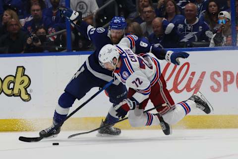 TAMPA, FLORIDA – JUNE 05: Erik Cernak #81 of the Tampa Bay Lightning collides with Filip Chytil #72 of the New York Rangers during the third period in Game Three of the Eastern Conference Final of the 2022 Stanley Cup Playoffs at Amalie Arena on June 05, 2022 in Tampa, Florida. (Photo by Bruce Bennett/Getty Images)