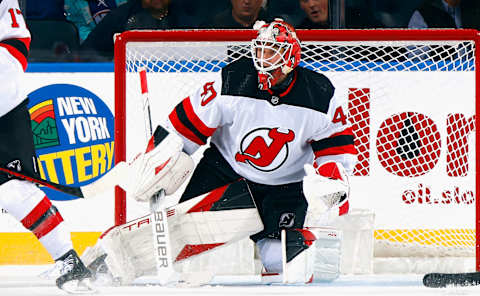 ELMONT, NEW YORK – OCTOBER 06: Akira Schmid #40 of New Jersey Devils skates against the New York Islanders at UBS Arena on October 06, 2023, in Elmont, New York. (Photo by Bruce Bennett/Getty Images)