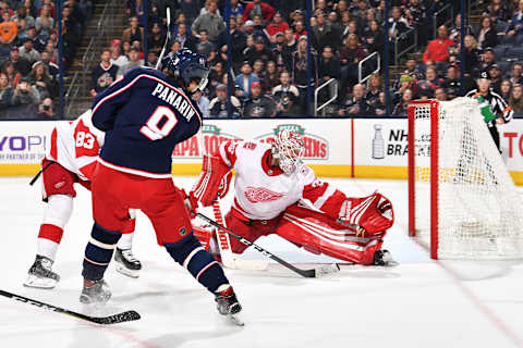 COLUMBUS, OH – APRIL 3: Artemi Panarin #9 of the Columbus Blue Jackets scores on goaltender Jimmy Howard #35 of the Detroit Red Wings during the third period of a game on April 3, 2018 at Nationwide Arena in Columbus, Ohio. (Photo by Jamie Sabau/NHLI via Getty Images)