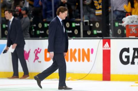 BOSTON, MASSACHUSETTS – APRIL 23: Head Coach Mike Babcock of the Toronto Maple Leafs exits the ice after the Maple Leafs lost 5-1 to the Boston Bruins in Game Seven of the Eastern Conference First Round during the 2019 NHL Stanley Cup Playoffs at TD Garden on April 23, 2019 in Boston, Massachusetts. (Photo by Maddie Meyer/Getty Images)