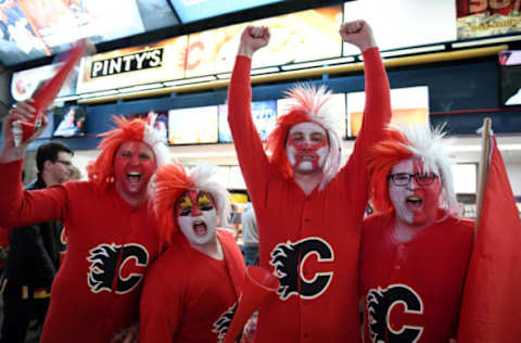 Apr 17, 2017; Calgary, Alberta, CAN; Calgary Flames fans prepare for game three against the Anaheim Ducks of the first round of the 2017 Stanley Cup Playoffs at Scotiabank Saddledome. Mandatory Credit: Candice Ward-USA TODAY Sports