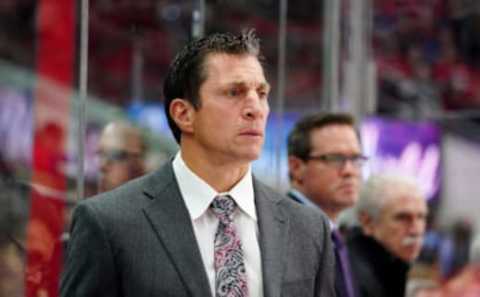 RALEIGH, NC – OCTOBER 6: Head coach Rod Brind’Amour of the Carolina Hurricanes watches action on the ice of the during an NHL game against the Tampa Bay Lightning on October 6, 2019 at PNC Arena in Raleigh North Carolina. (Photo by Gregg Forwerck/NHLI via Getty Images)