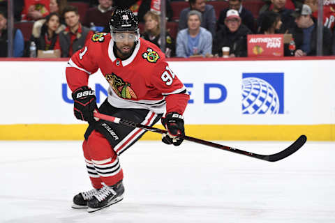 CHICAGO, IL – MARCH 08: Anthony Duclair #91 of the Chicago Blackhawks watches for the puck in the third period against the Carolina Hurricanes at the United Center on March 8, 2018 in Chicago, Illinois. The Carolina Hurricanes defeated the Chicago Blackhawks 3-2. (Photo by Bill Smith/NHLI via Getty Images)