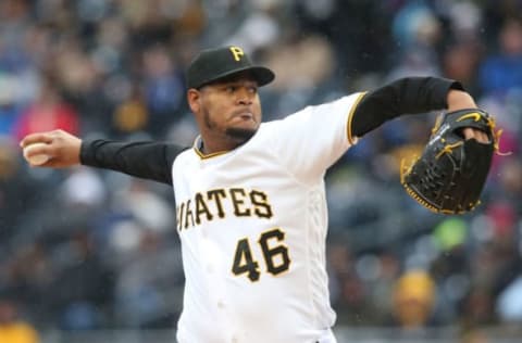 Apr 7, 2017; Pittsburgh, PA, USA; Pittsburgh Pirates starting pitcher Ivan Nova (46) delivers a pitch against the Atlanta Braves during the first inning of the 2017 season opening home game at PNC Park. Mandatory Credit: Charles LeClaire-USA TODAY Sports