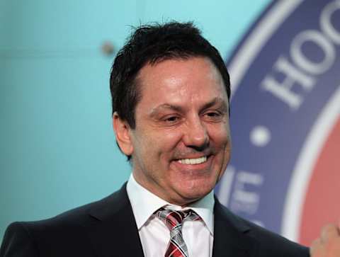 2011 Hall of Fame inductee Doug Gilmour takes part in a photo opportunity at the Hockey Hall Of Fame on November 14, 2011 in Toronto, Ontario, Canada. (Photo by Bruce Bennett/Getty Images)