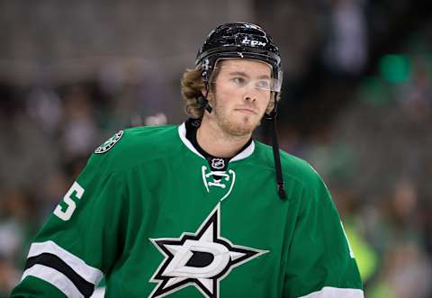 Sep 22, 2014; Dallas, TX, USA; Dallas Stars rookie right wing Scott Glennie (15) skates during warmups before the game against the St. Louis Blues at the American Airlines Center. Mandatory Credit: Jerome Miron-USA TODAY Sports