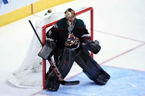 Nov 27, 2015; Glendale, AZ, USA; Arizona Coyotes goalie Mike Smith (41) defends during the first period against the Calgary Flames at Gila River Arena. Mandatory Credit: Matt Kartozian-USA TODAY Sports