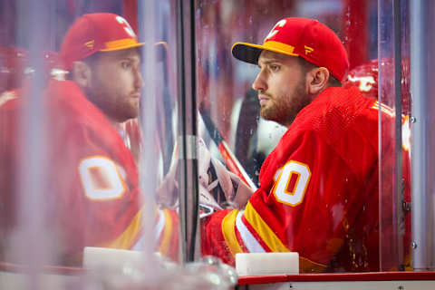 May 11, 2022; Calgary, Alberta, CAN; Calgary Flames goaltender Dan Vladar (80) looks on from his bench during the second period against the Dallas Stars in game five of the first round of the 2022 Stanley Cup Playoffs at Scotiabank Saddledome. Mandatory Credit: Sergei Belski-USA TODAY Sports