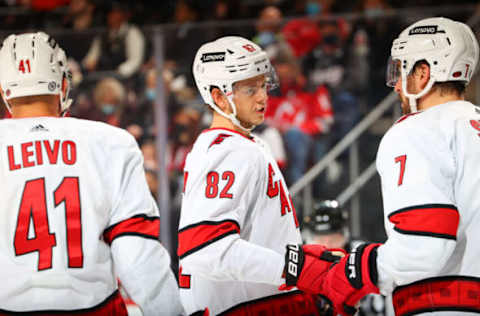 NEWARK, NJ – JANUARY 22: Jesperi Kotkaniemi #82 of the Carolina Hurricanes during the National Hockey League game between the New Jersey Devils and the Carolina Hurricanes on January 22, 2022, at the Prudential Center in Newark, New Jersey. (Photo by Rich Graessle/Getty Images)